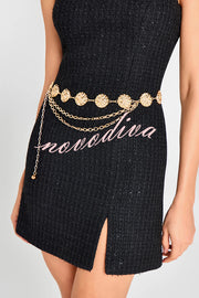 Timeless Exquisite Tweed Fabric Metal Coin Chain Detail Slip Mini Dress