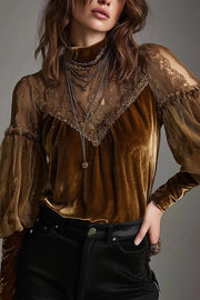 Fashionable Velvet and Mesh Patchwork Casual Long-sleeved Top