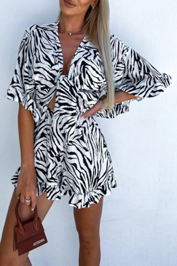 Zebra Print Ruffled Sleeves Dropped Sleeves V Neck Tie High Waist Romper