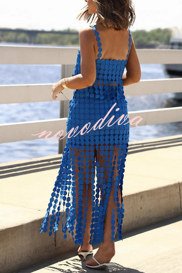 Caitlin See Through Circle Embroidery Elastic Waist Tassle Hem Maxi Skirt