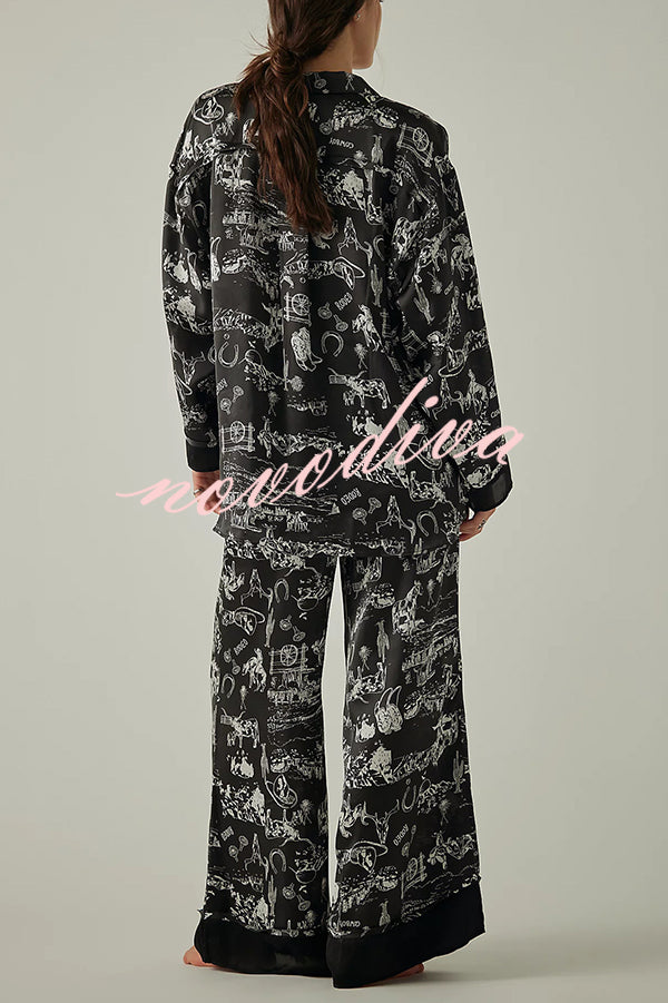 Unique Printed Lounge Long-sleeved Shirt and Elastic Waisted Baggy Pants Set