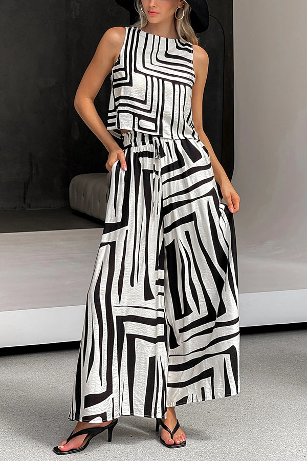 Striped Printed Sleeveless Casual Top and Elastic Waist Loose Pocket Wide-leg Pants Set