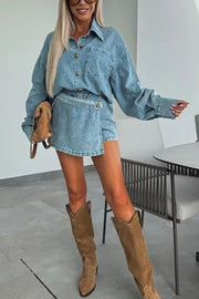 Fashion Lapel Button Pocket Denim Jacket and Irregular Mini Skirt Set