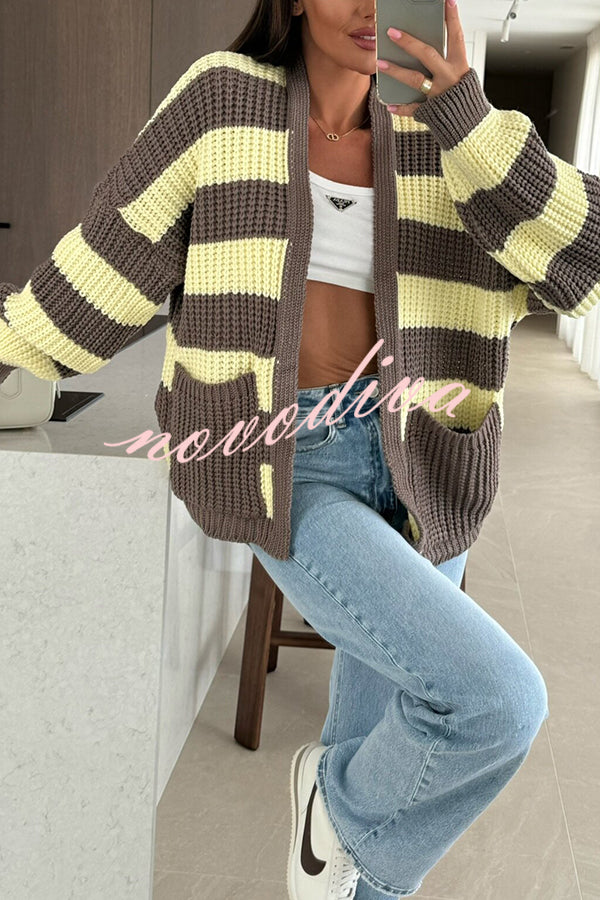 Fashionable Patchwork Striped Casual Pocket Knitted Sweater