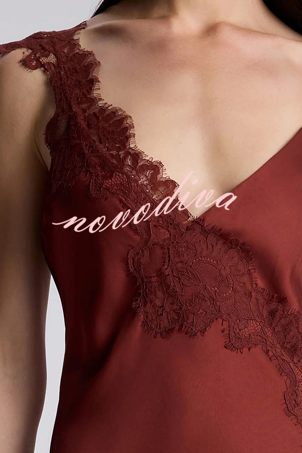 Sexy Lace Stitching Suspender V-neck Asymmetrical Maxi Dress