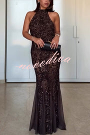 Twilight Gleam Sequin Textured Tulle Hem Halter Backless Maxi Dress