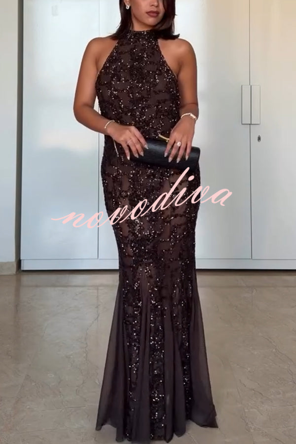 Twilight Gleam Sequin Textured Tulle Hem Halter Backless Maxi Dress