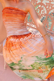 Fairy Tale Town Sunset Unique Print Off Shoulder Smocked Maxi Dress