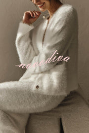 Solid Color Long-sleeved Button-pocket Knitted Jacket and Elegant Long Skirt Set