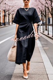 Solid Color Round Neck Half Sleeve Casual Waist Midi Dress