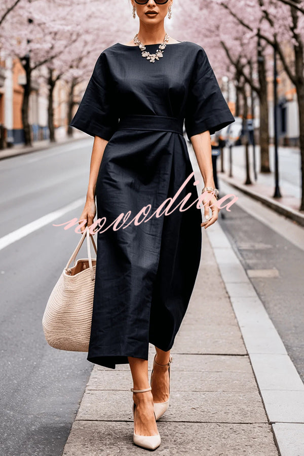 Solid Color Round Neck Half Sleeve Casual Waist Midi Dress