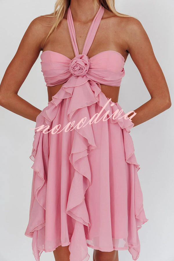 Romantic Midnight Rose Detail Cutout Ruffles Halter Mini Dress