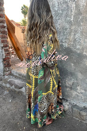 Jungle Miracle Animal Unique Print Button Long Sleeve Midi Relaxed Blouse