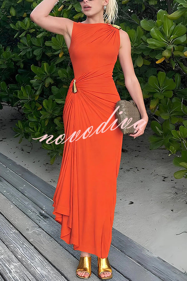Fashionable Metallic Embellishments Pleated Sleeveless Slim-fit Maxi Dress