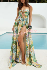 Resort Style Printed Starfish Brooch Cutout Ruched Slit Maxi Dress