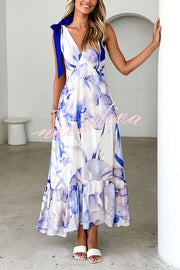 Unique Printed V-neck Sleeveless Lace-up Waist Maxi Dress