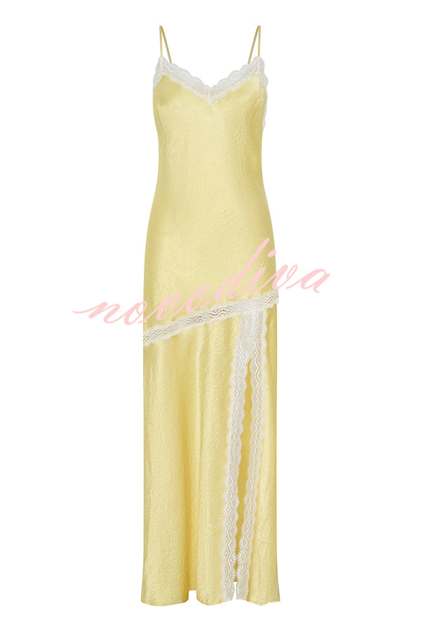 Sweet Trend Satin Lace Trim V-neck Slit Slip Maxi Dress