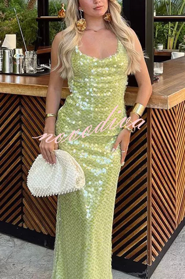 Fashionable Sequined Sexy Open Back Slim Maxi Dress