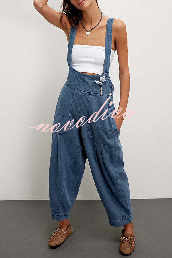 Fashionable Casual Side Pocket Button Loose Denim Overalls