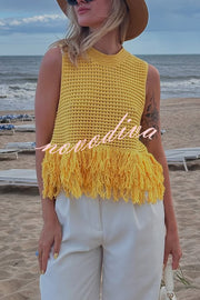 Solid Color Round Neck Sleeveless Hollow Tassel Loose Vest