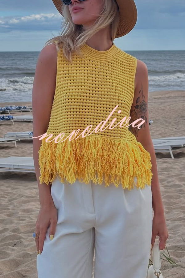 Solid Color Round Neck Sleeveless Hollow Tassel Loose Vest