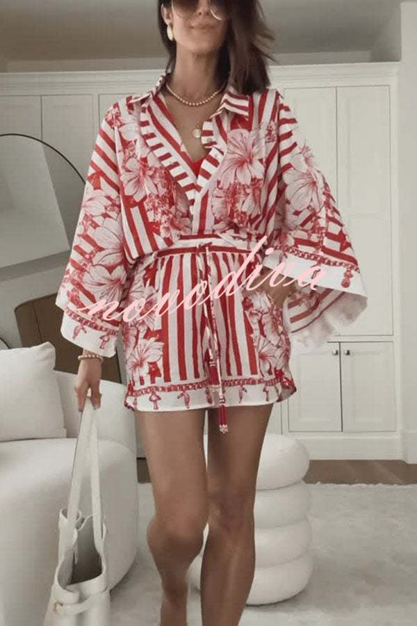 Like Paradise Floral Print Wide Sleeve Shirt and Elastic Waist Pocketed Shorts Set