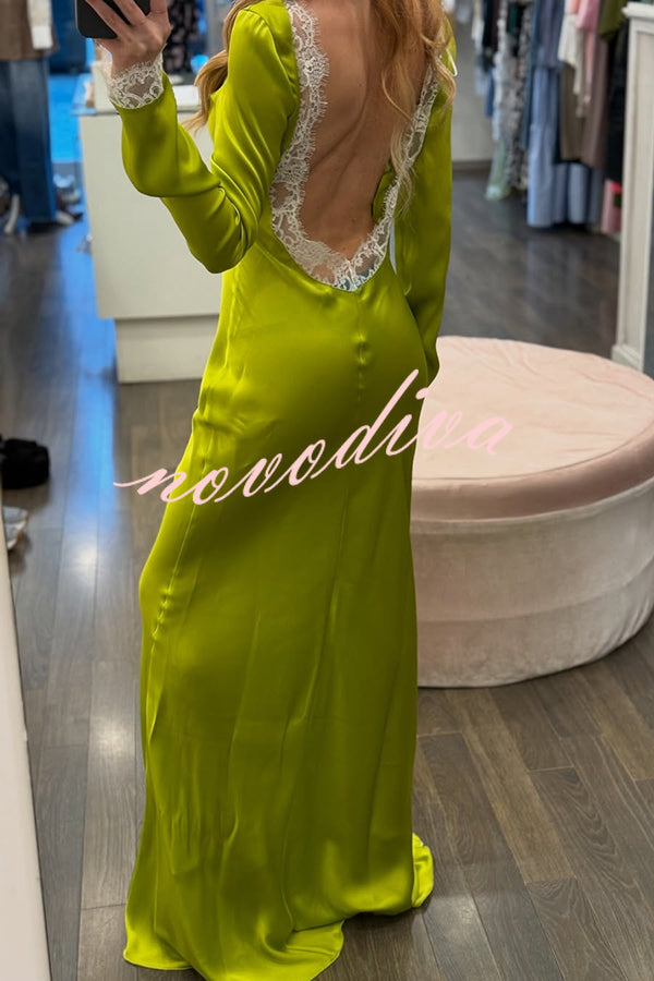 Mystic Moment Satin Lace Trim Long Sleeve Backless Maxi Dress
