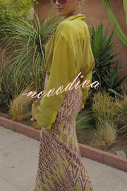 Moonlit Waltz Knit Jacquard Zigzag Print High Rise Stretch Flare Maxi Skirt