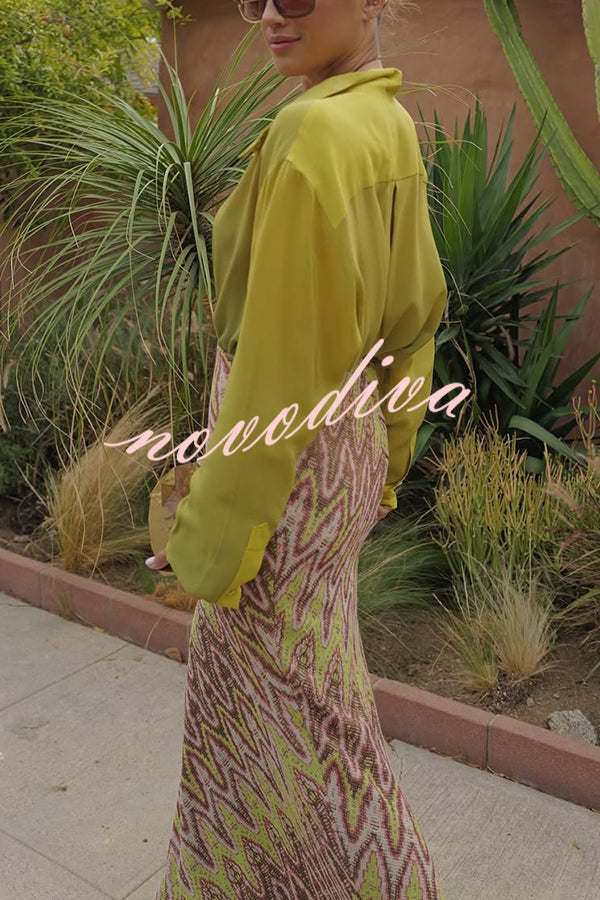 Moonlit Waltz Knit Jacquard Zigzag Print High Rise Stretch Flare Maxi Skirt