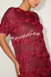 Feeling Exquisite Sequin-embellished Rose Texture Short Sleeve H-line Mini Dress