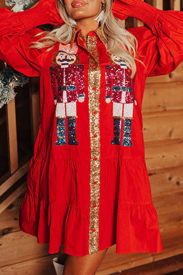 Nutcracker Sequined Button Down Long Sleeve Mini Dress