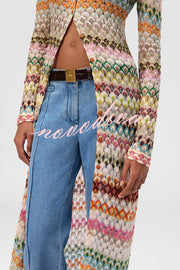 Anna Knit Colorful Herringbone Print Shirt Neck Button Long Sleeve Slim-fit Long Cardigan