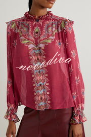 Unique Printed Chiffon Long-sleeved Loose Shirt and Elegant Ruffled Maxi Skirt Set