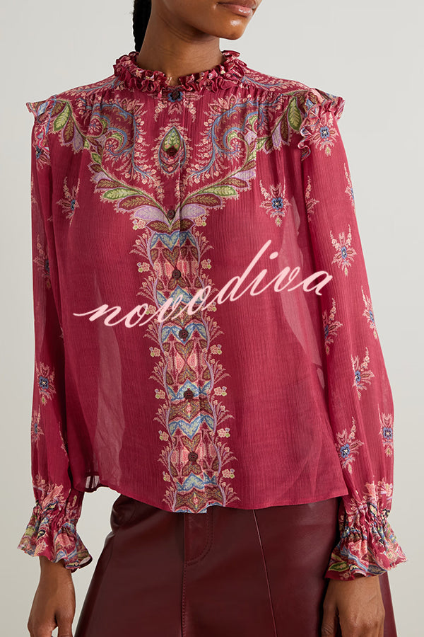Unique Printed Chiffon Long-sleeved Loose Shirt and Elegant Ruffled Maxi Skirt Set