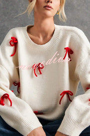 Christmas Bow Round Neck Loose Long Sleeve Knitted Sweater