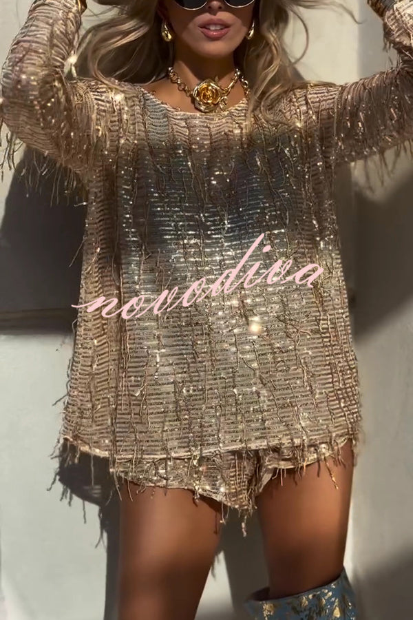 Fashion Sequin Round Neck Long Sleeve Tassel Top and Elastic Waist Casual Shorts Set