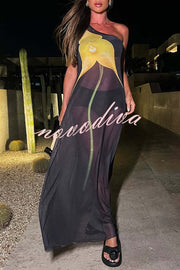 Dalia Tulle See Through Floral Print One Shoulder Vacation Maxi Dress