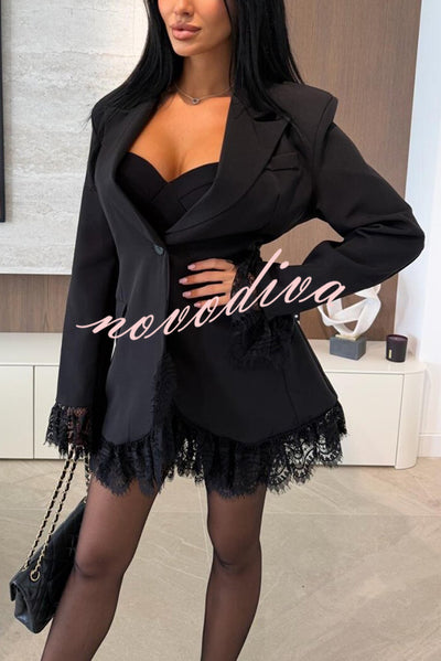 Amazing Items Lace Trim Button Up Long Sleeve Lapel Loose Blazer