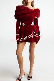 Stylish Velvet Off-shoulder Fitted Mini Dress and Fluffy Shawl, Velvet Gloves Three-piece Set