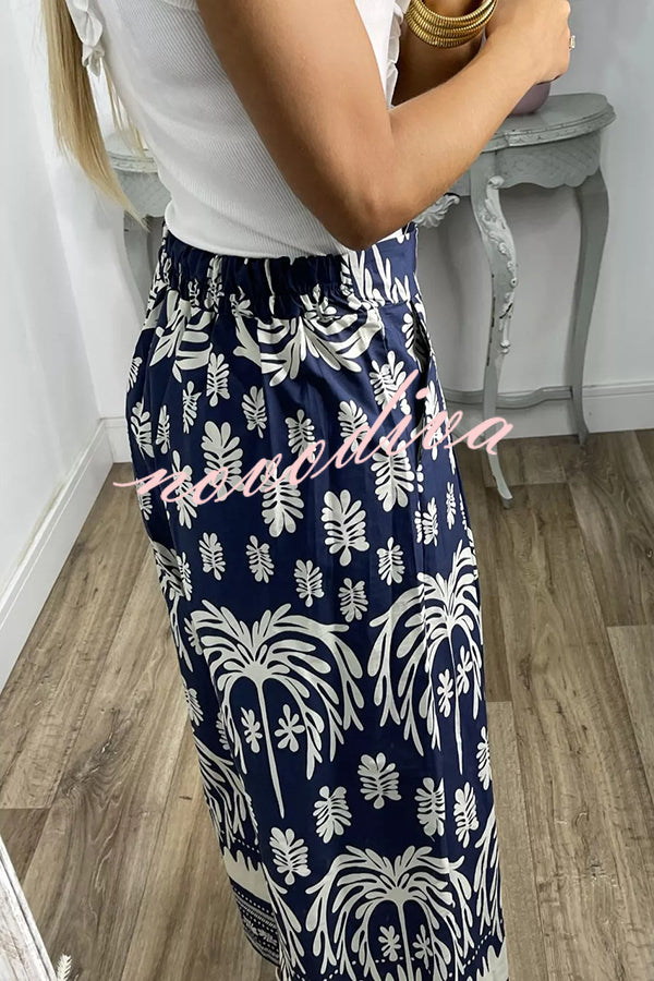 Unique Print Elastic Waist Loose Pocket Holiday Wide Leg Pants