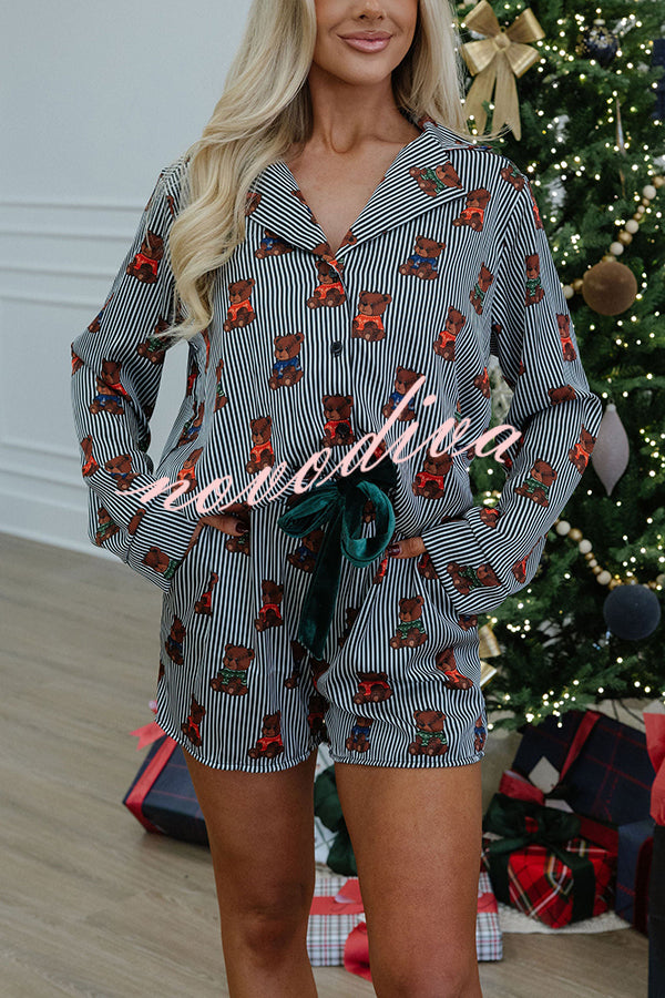Teddy Bear Satin Striped Short Sleeve Shirt and Velvet Elastic Waist Pocketed Pajama Set