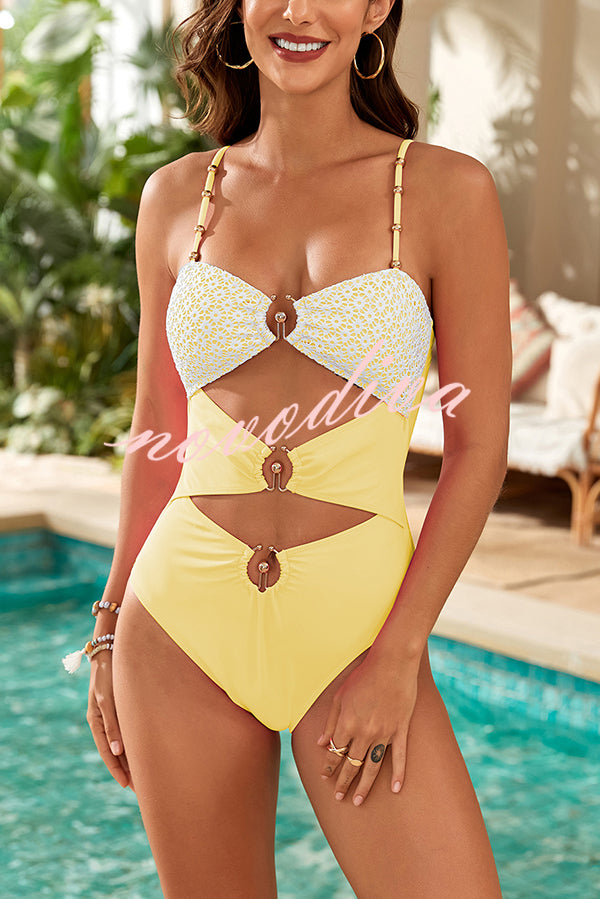 Fashionable Splicing Spaghetti Strap Metal Buckle One-piece Swimsuit