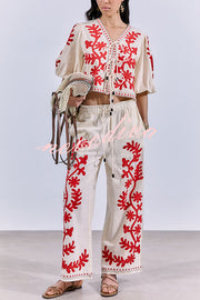 Till Sunset Linen Blend Unique Print Lace-up Puff Sleeve Shirt