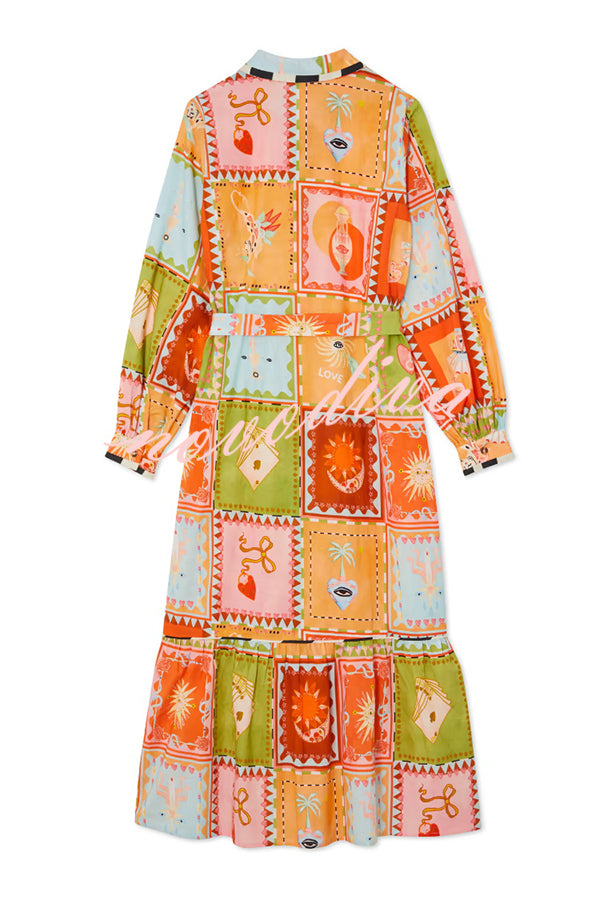 Linen Blend Unique Printed Long Sleeve Lapel Tie-waist Midi Dress