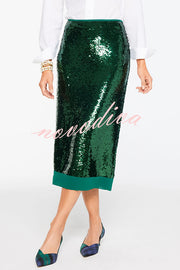 Shimmer Scene Sequin Patchwork Hem High Rise Slit Pencil Midi Skirt