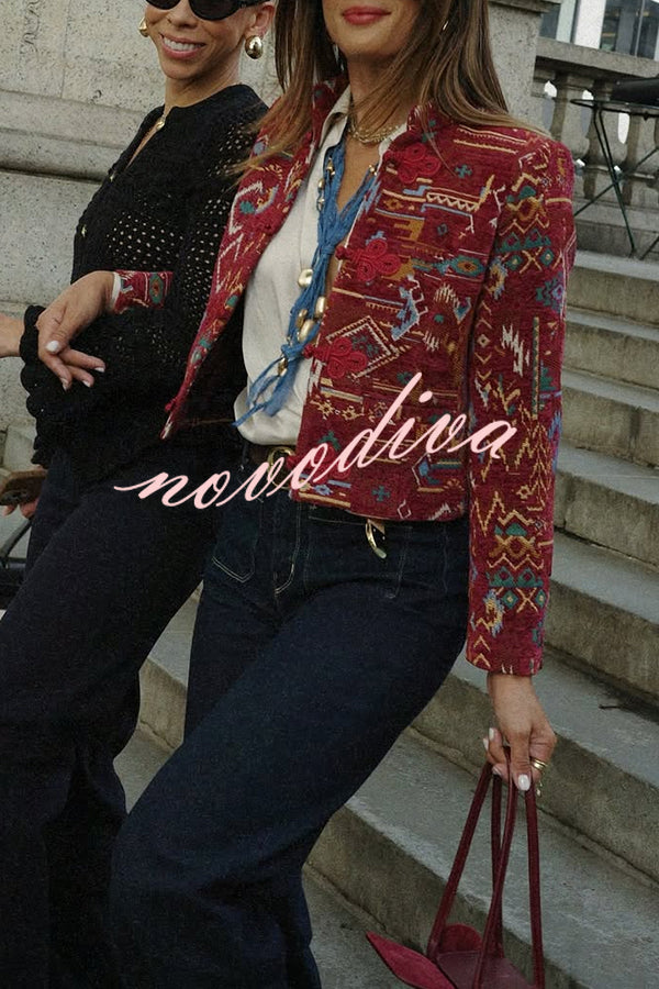 Vintage Bohemian Printed Chinese Style Buttons Long Sleeve Crop Jacket