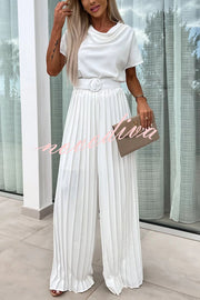 Ivy Cowl Neck Short Sleeve Belt Pleated Loose Wide Leg Jumpsuit