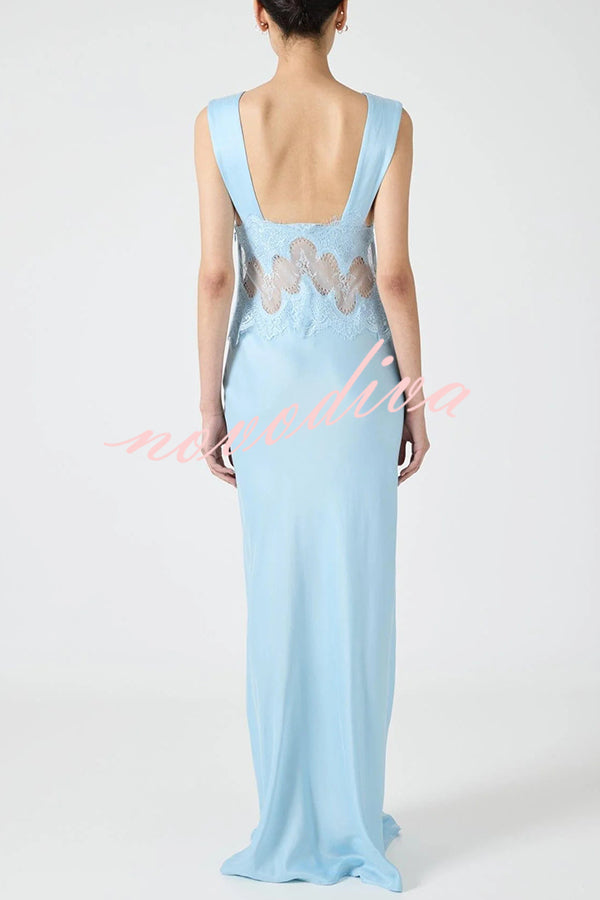 Wonderful Fusion Satin Lace Trim See-through Waist V-neck Drape Maxi Dress