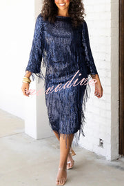 Insight Blueberry Sequin Fringe High Rise Elastic Waistband Midi Skirt