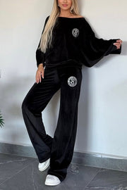 Solid Color Velvet Round Neck Bat Sleeve Casual Top and Elastic Waist Loose Pocket Pants Set